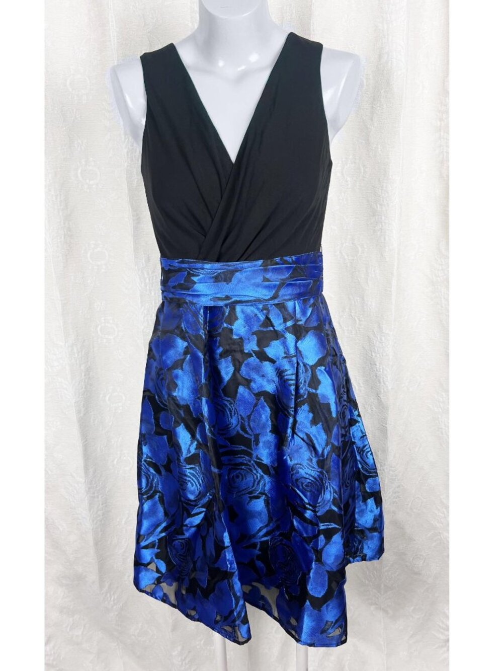 Teri Jon by Rickie Freeman black jersey blue jacquard satin fit & flare dress